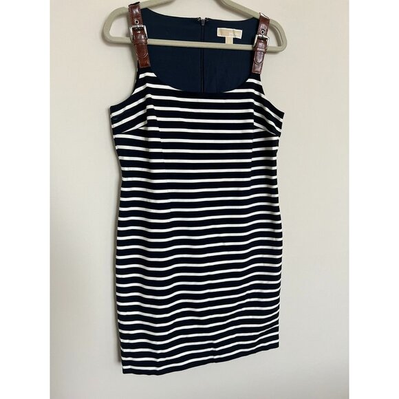 MICHAEL - Michael Kors Navy Blue & WHite Striped Buckle Sleeves - Size Large - Picture 2 of 8